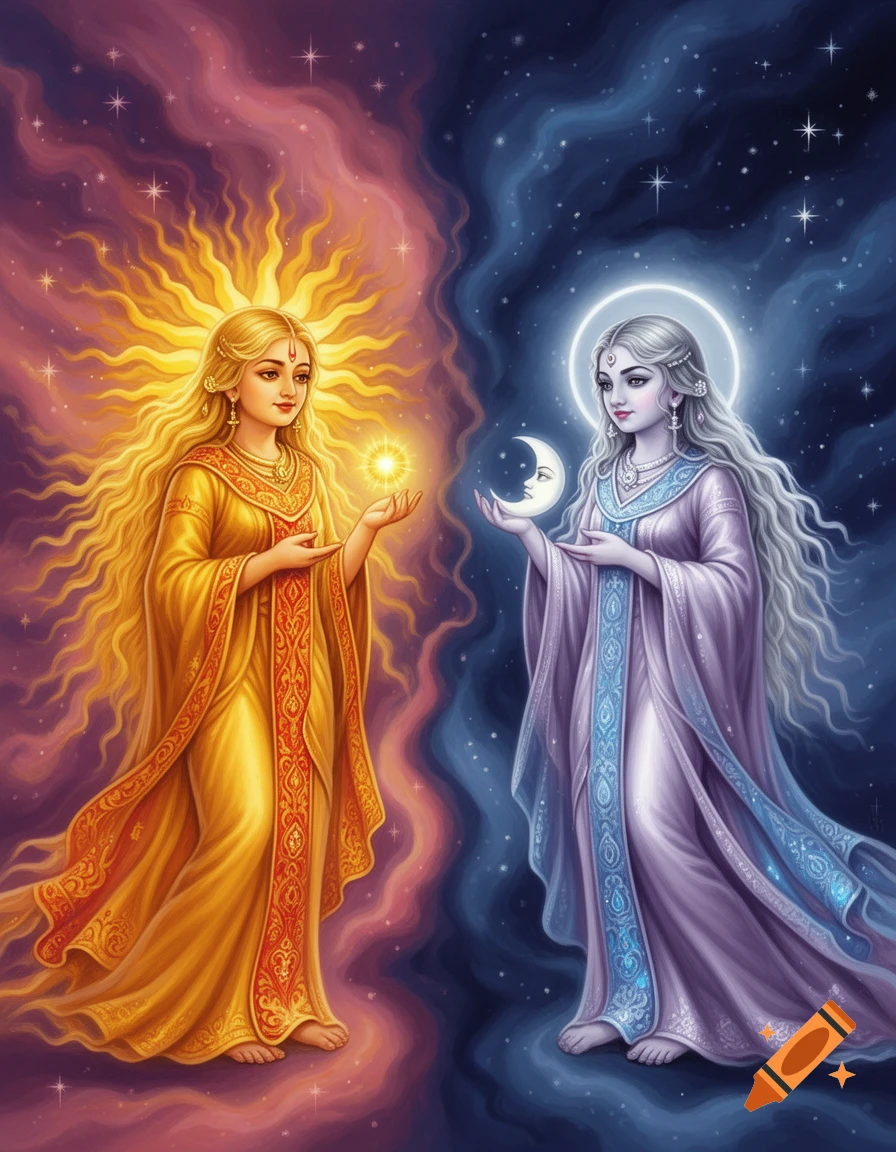 Stylized illustration of two women representing sun and moon. One woman in gold radiates light, the other in silver holds a crescent moon, against a split celestial background.