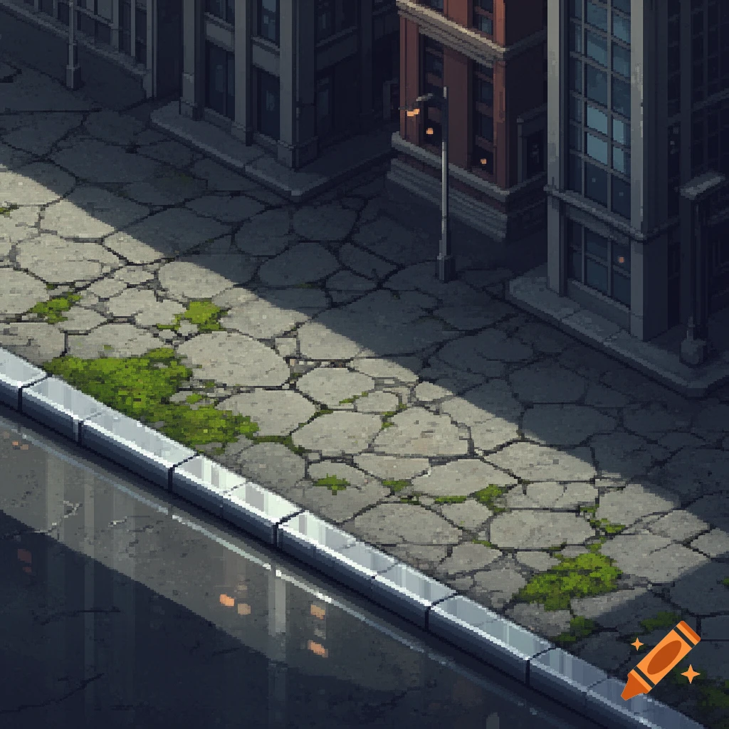 An isometric pixel art image of a cracked city street with moss, a curb, and buildings in the background.