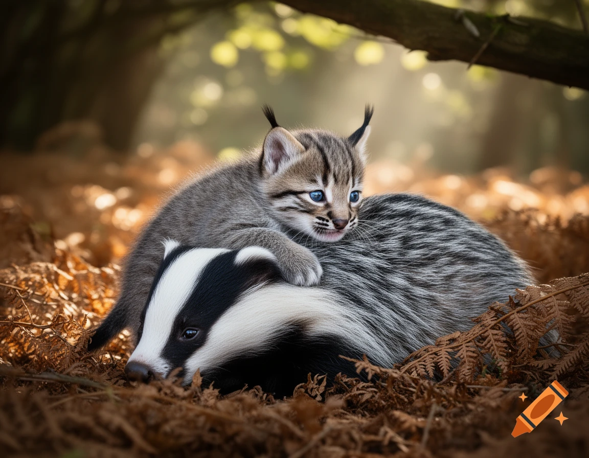 A cute lynx cub with blue eyes rests on a sleeping badger in a sun-dappled forest.