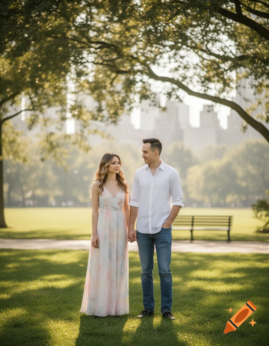 A photorealistic image of a couple holding hands in a sunny park with trees and a city skyline.