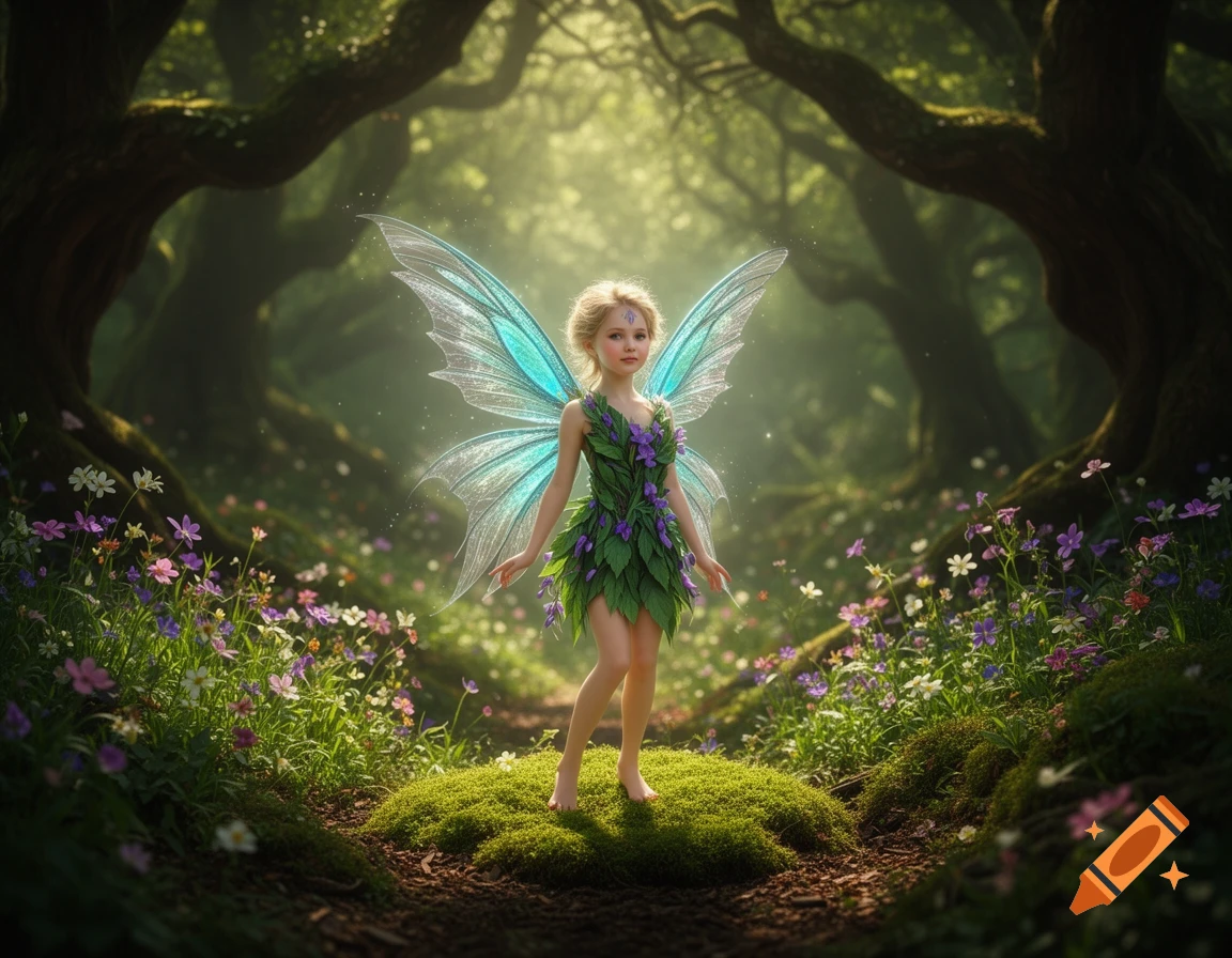 A blonde fairy with glowing blue-green wings and a leaf dress stands on a mossy path in an enchanted forest with wildflowers.