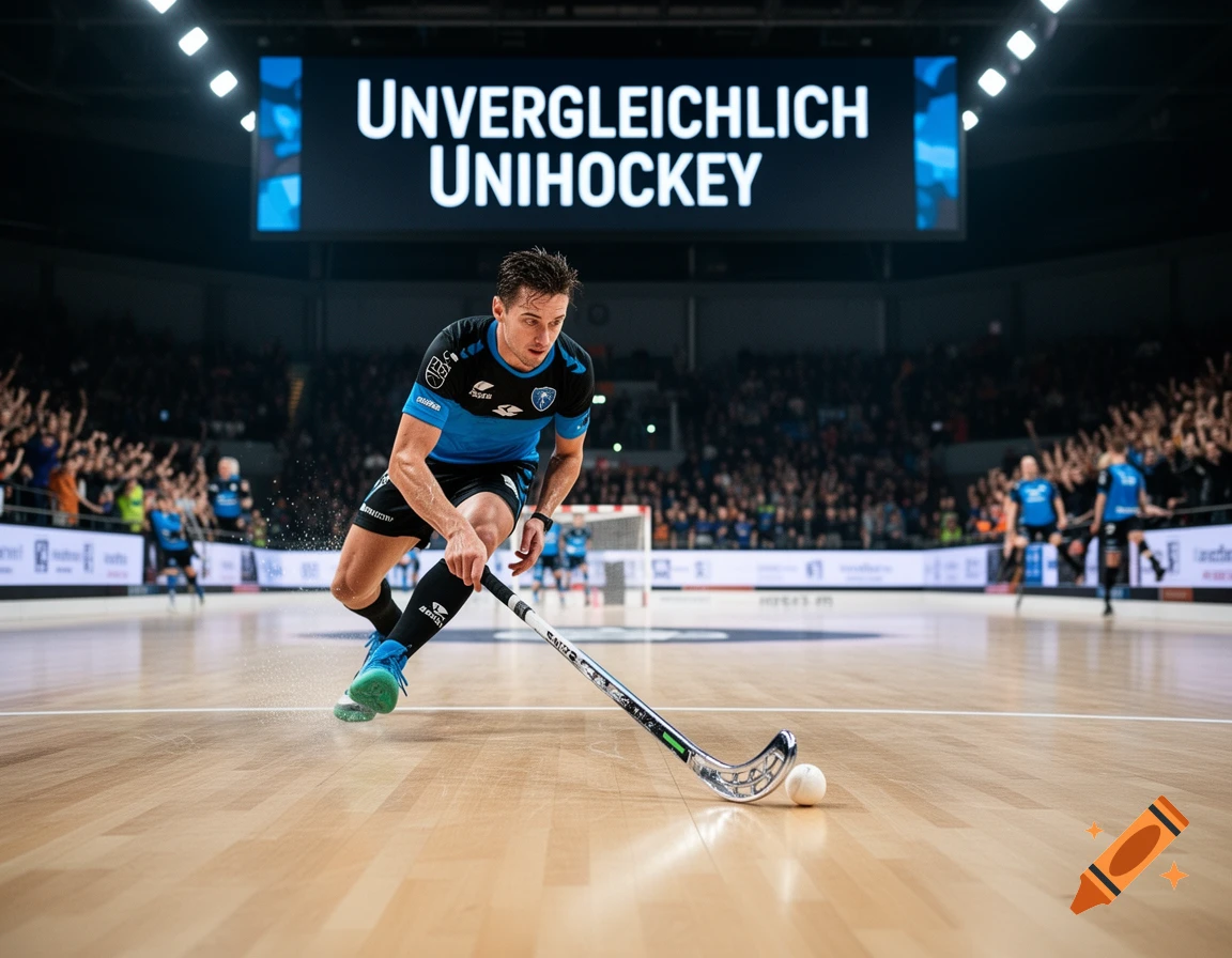 A male floorball player in a blue and black uniform dribbles the ball on a wooden court during a game, with a crowd and screen in the background displaying "UNVERGLEICHLICH UNIHOCKEY".