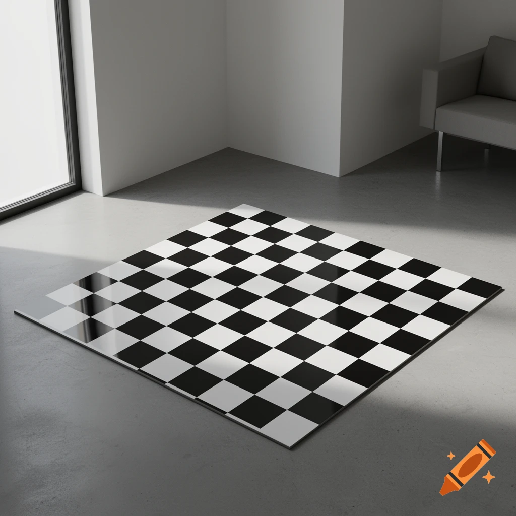 A black and white checkerboard pattern on a floor in a minimalist room with a window and a couch.