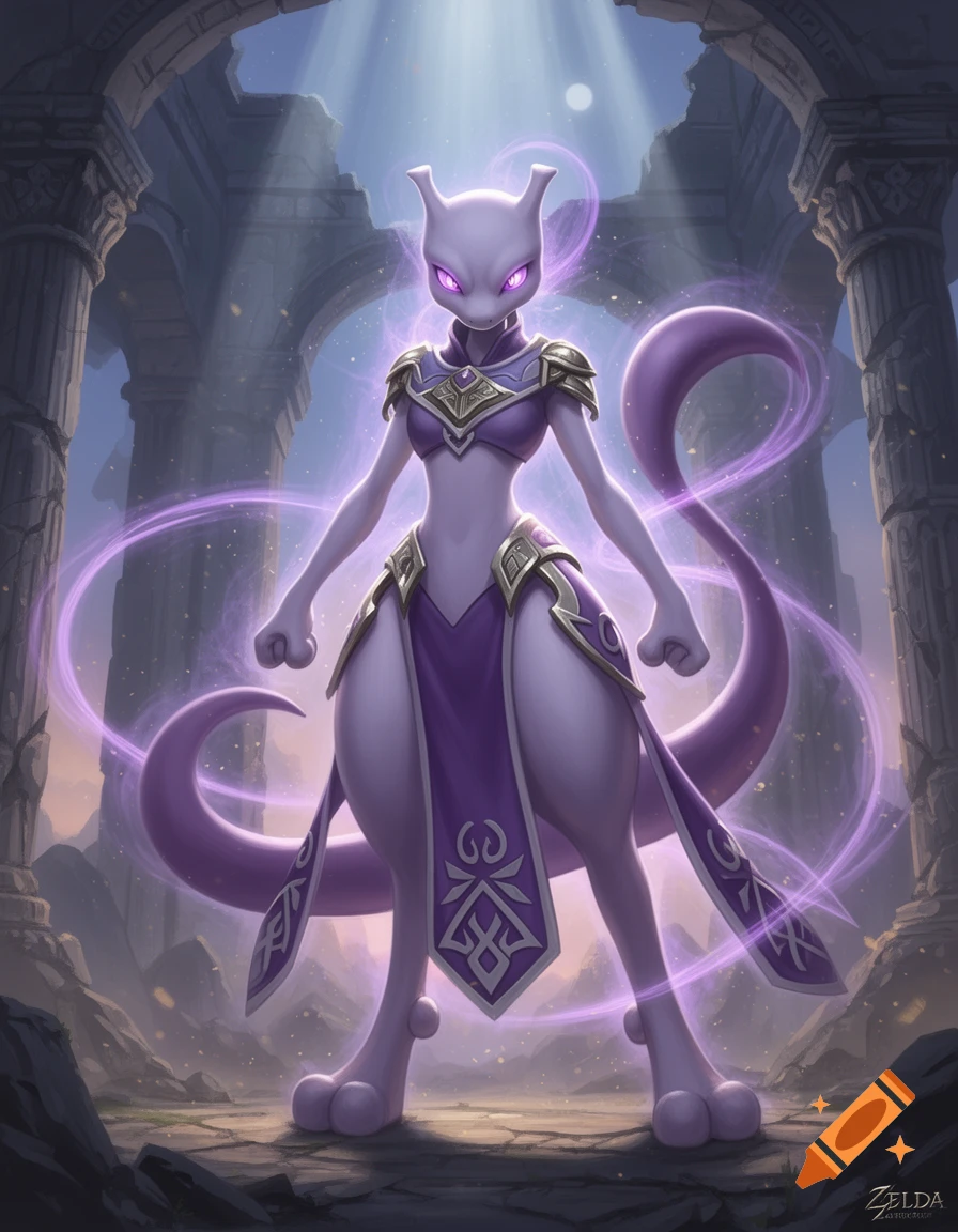 A powerful purple Mewtwo, with glowing eyes and gold-accented armor, stands in ancient ruins, emanating purple energy in a fantasy art style.