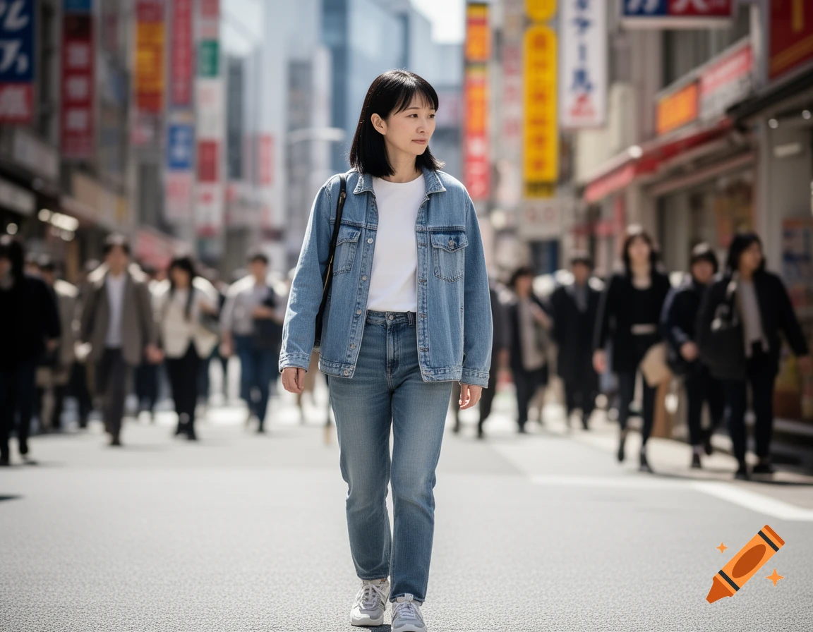 A Japanese woman in a denim jacket and jeans walks down a city street with blurry signs and people in the background.
