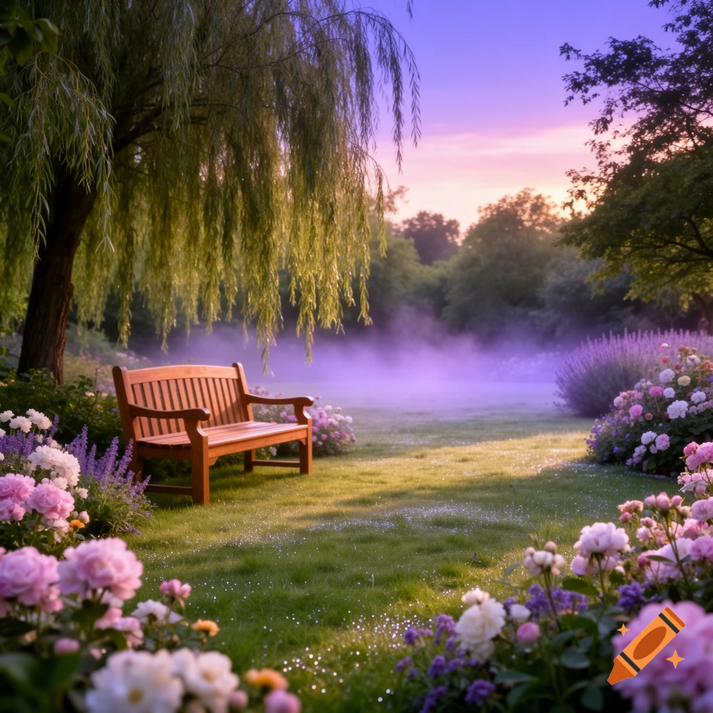 A wooden bench under a weeping willow in a lush garden with pink and white flowers, bathed in early morning light with a purple mist in the background.