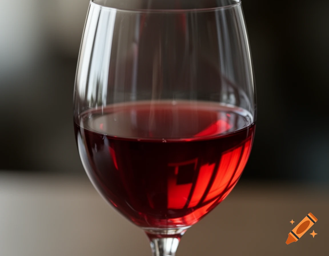 A close-up, photorealistic shot of a clear wine glass filled with red wine, reflecting light.