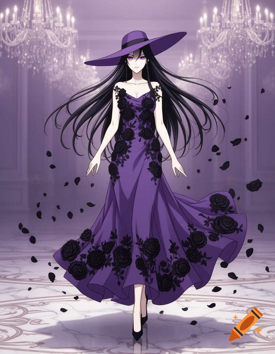 An anime woman with long black hair, wearing a purple wide-brimmed hat and a long purple dress adorned with black roses, standing in a grand hall with chandeliers and falling rose petals.