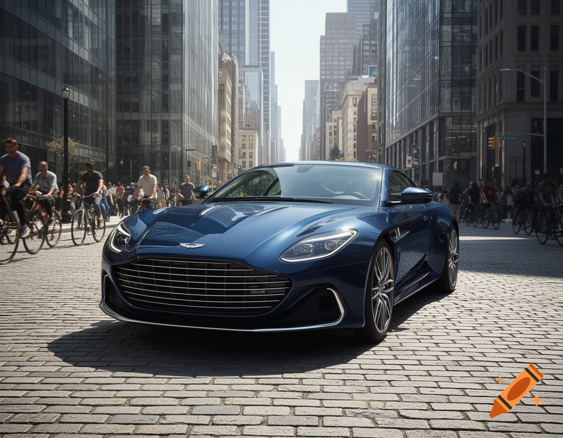 A sleek blue sports car parked on a cobblestone street in a bustling city with tall buildings and cyclists in the background.