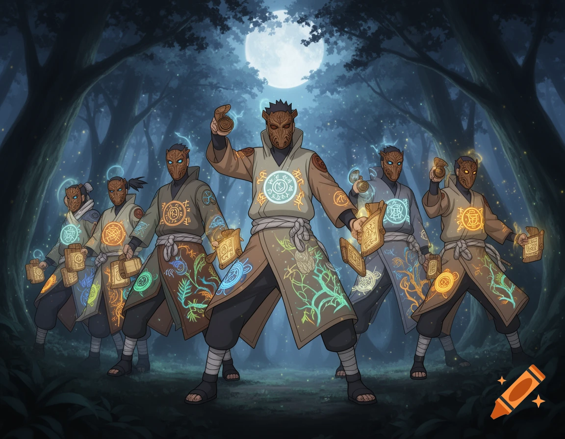Six masked ninja exorcists in glowing robes stand in a dark, magical forest under a full moon, holding glowing scrolls.