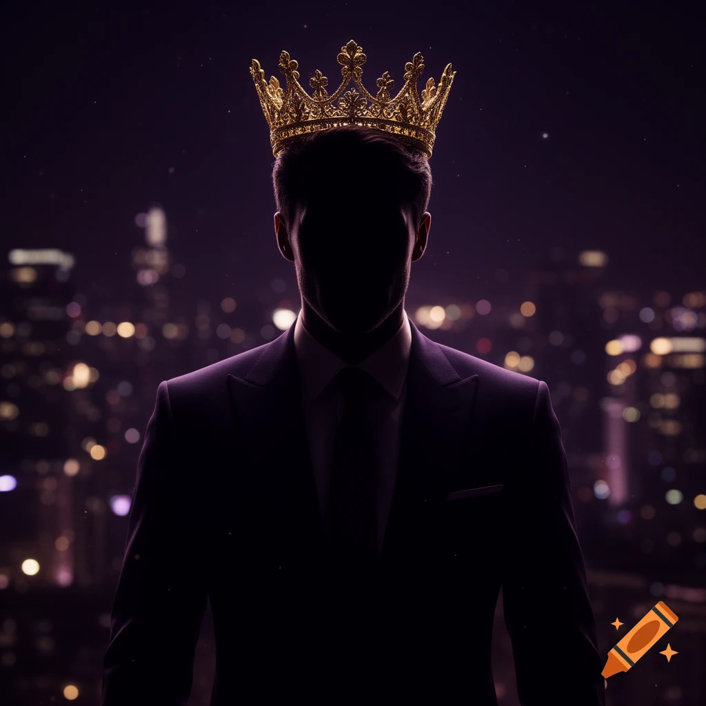 A silhouetted man in a suit and gold crown stands against a blurred city lights background at night, in a cinematic style.