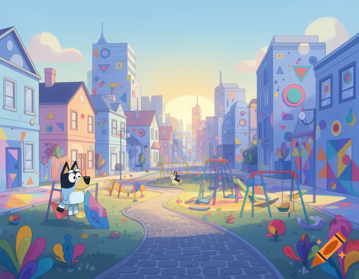 Bluey stands in a vibrantly colored cartoon city park with a playground and buildings covered in geometric shapes under a clear sky.