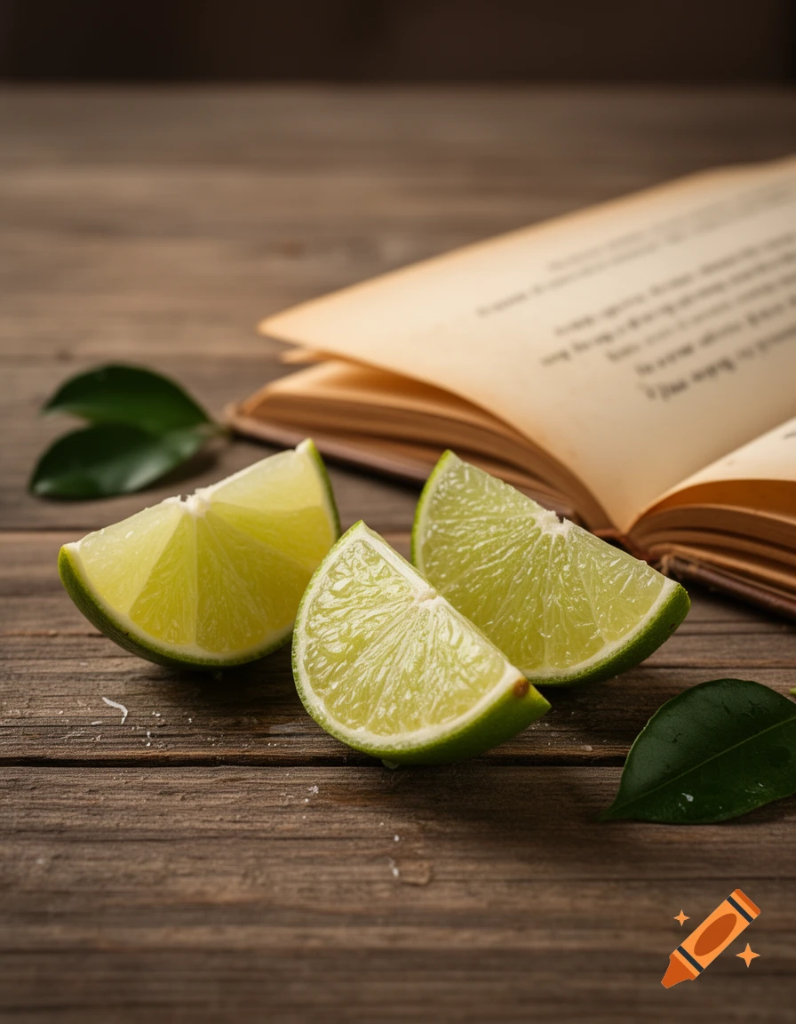 Three fresh lime wedges and green leaves on a rustic wooden table, with an open book in the background. Photorealistic still life.