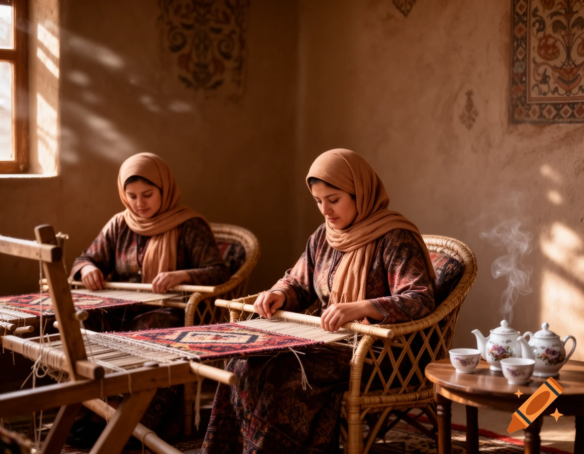 Two women in headscarves sitting and weaving colorful rugs on looms, with teapots and cups on a side table.