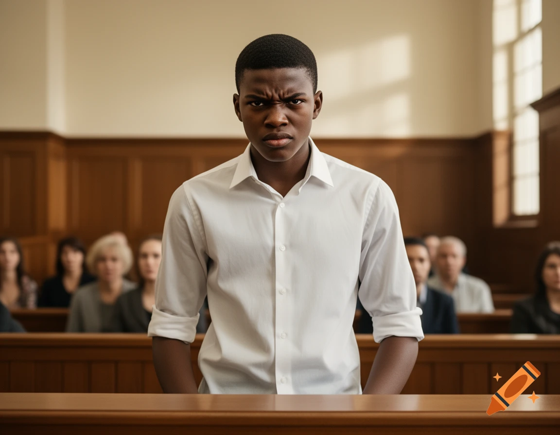 An angry young Black man in a white shirt stands in a courtroom, looking directly at the viewer.