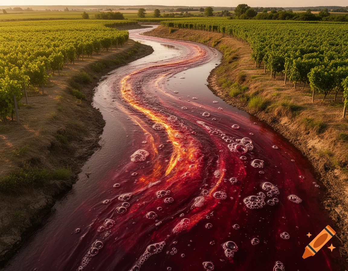 A winding river of red wine with bubbles and golden highlights flowing through a lush green vineyard at sunset.