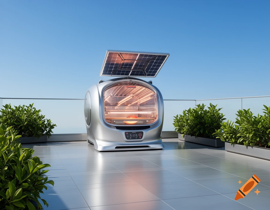 A sleek silver futuristic solar oven bakes food on a sunny rooftop terrace surrounded by green plants.