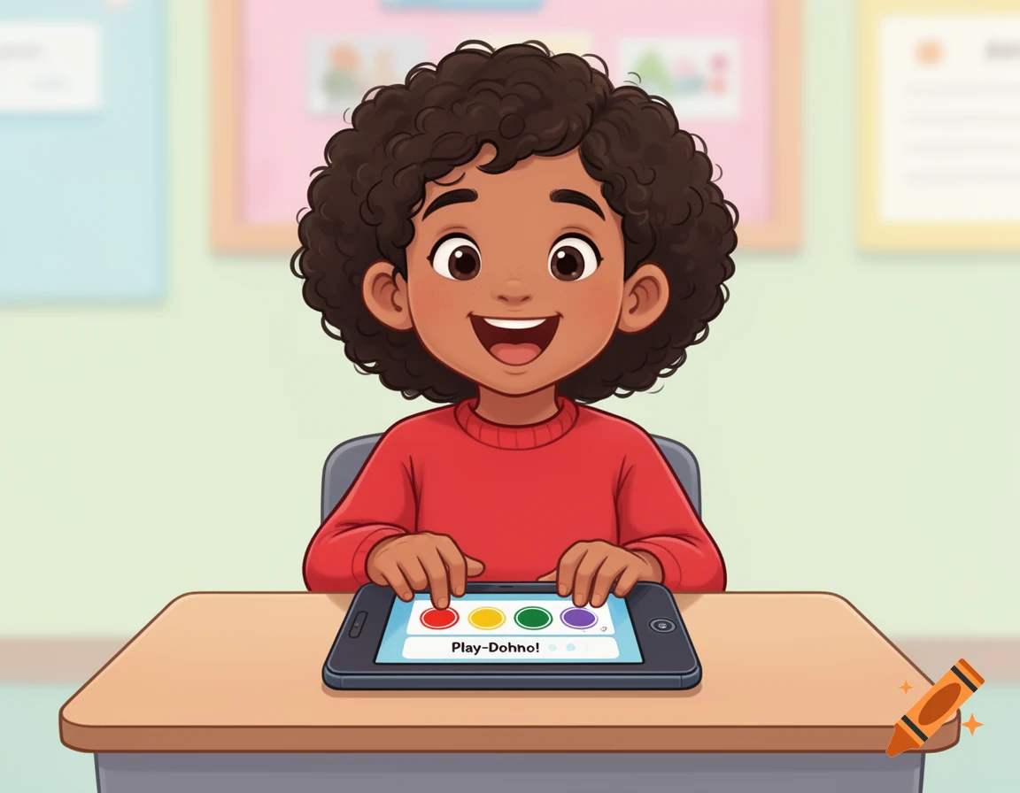 A happy cartoon girl with curly hair in a red sweater sits at a desk, tapping a tablet with colorful buttons and text in a classroom.