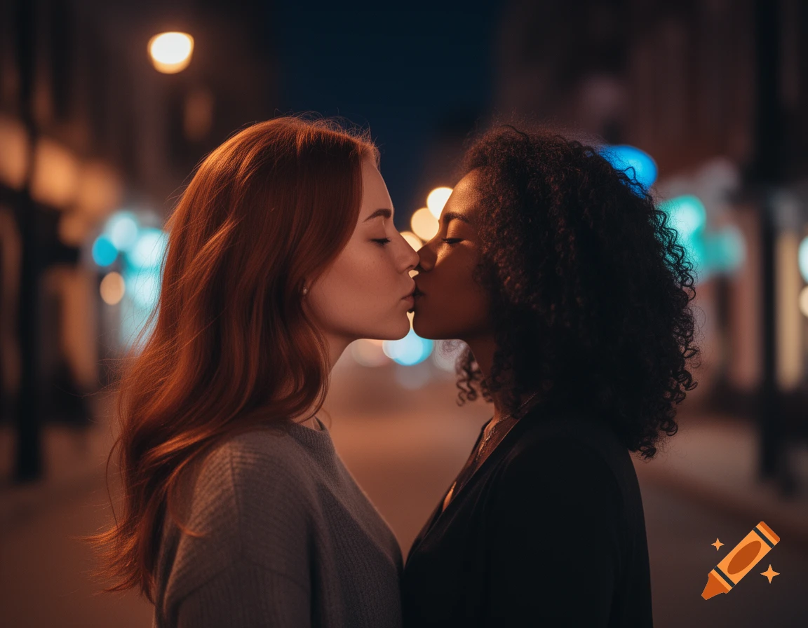Two women kiss outdoors at night, blurred city lights in the background.