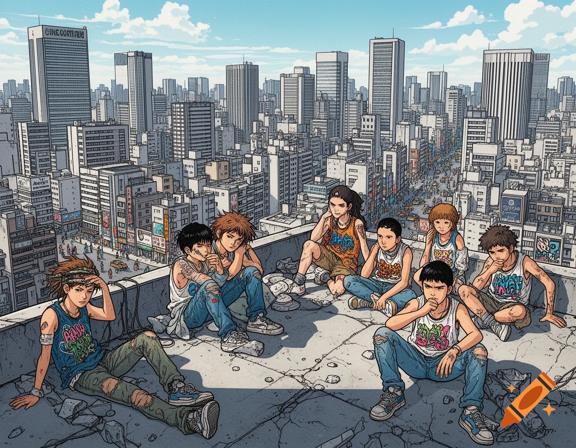 A group of young people in Katsuhiro Otomo's manga style sitting on a city rooftop overlooking a dense cityscape.