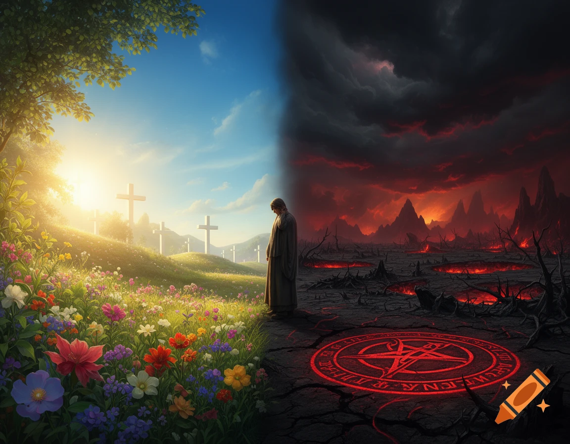 A divided landscape shows a lush green paradise with crosses under a bright sky on the left, and a desolate, volcanic hellscape with a glowing red satanic pentagram on the right, with a cloaked figure standing between them.