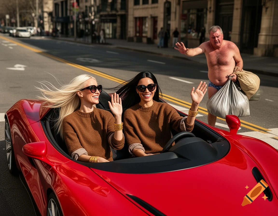 Two women in a red convertible wave at an angry shirtless man carrying bags on a city street.