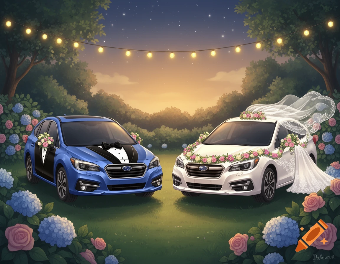Two Subaru cars, one blue as a groom with a tuxedo and one white as a bride with a veil, in a garden at sunset.