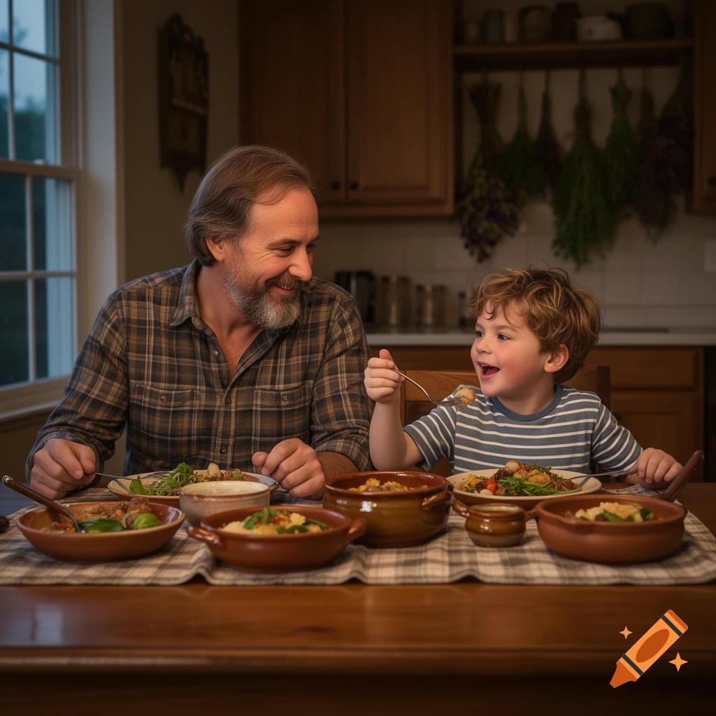 A smiling father and son share a meal at a wooden table in a cozy kitchen, enjoying their food. The boy is actively eating with a fork.