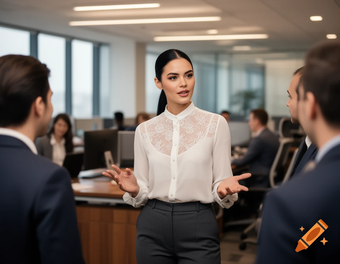 A woman with black hair in a ponytail, wearing a white lace blouse, talks to male colleagues in a modern office. Photorealistic.