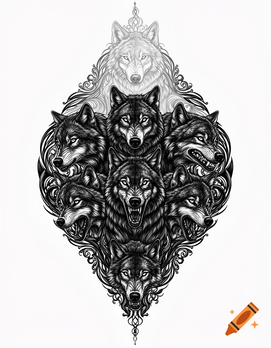 A stylized blackwork illustration of multiple wolf heads arranged in a diamond shape, with varying expressions from calm to snarling, and one ghostly wolf at the top.