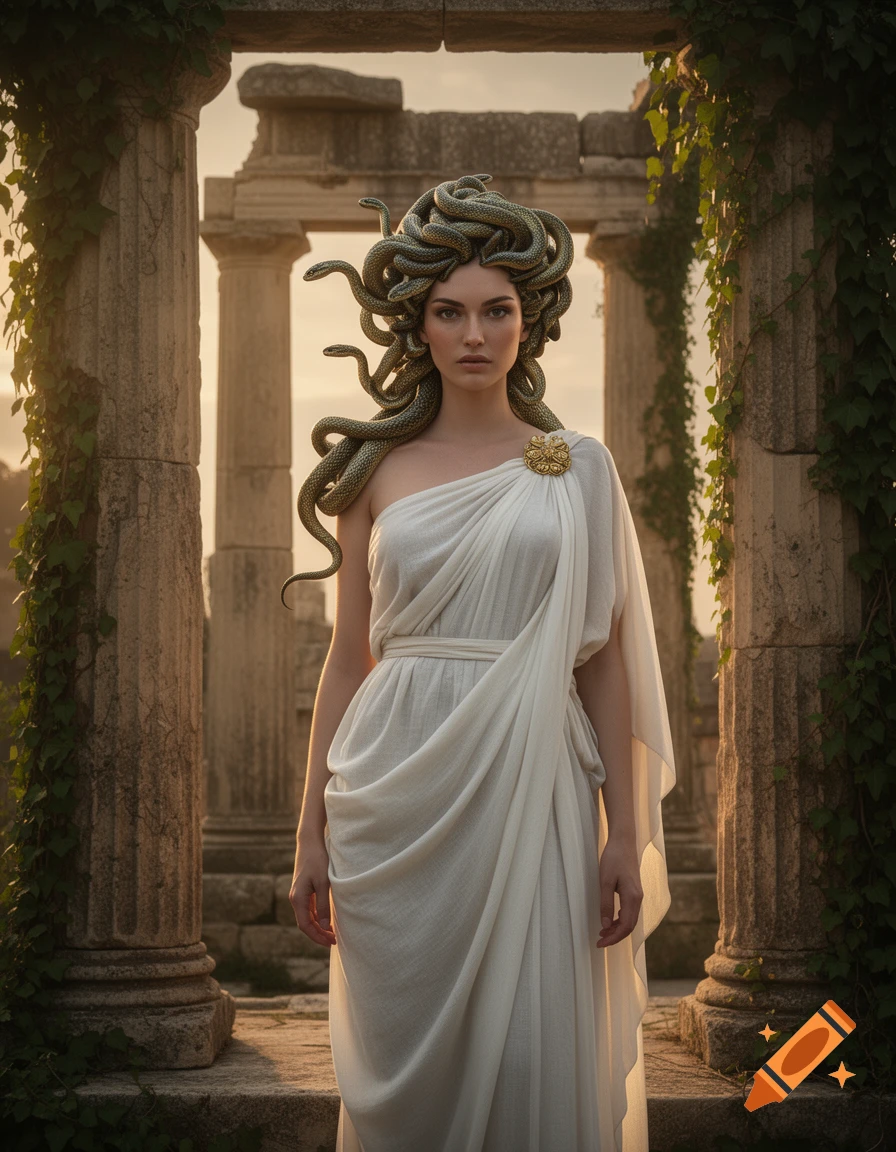 A woman with snakes for hair, resembling Medusa, stands in a white toga among ancient Greek ruins under a warm sky.