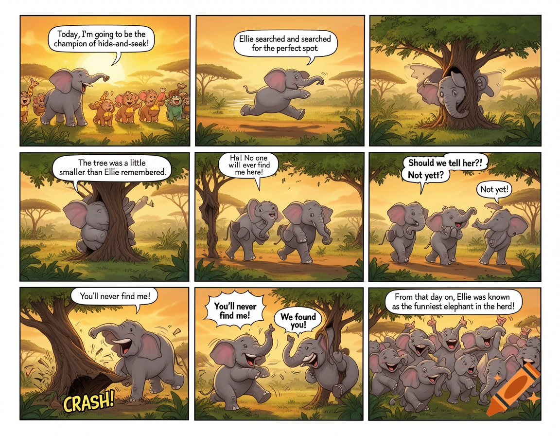 A nine-panel comic strip shows Ellie the elephant playing hide-and-seek with her friends, comically trying to hide behind a tiny tree.