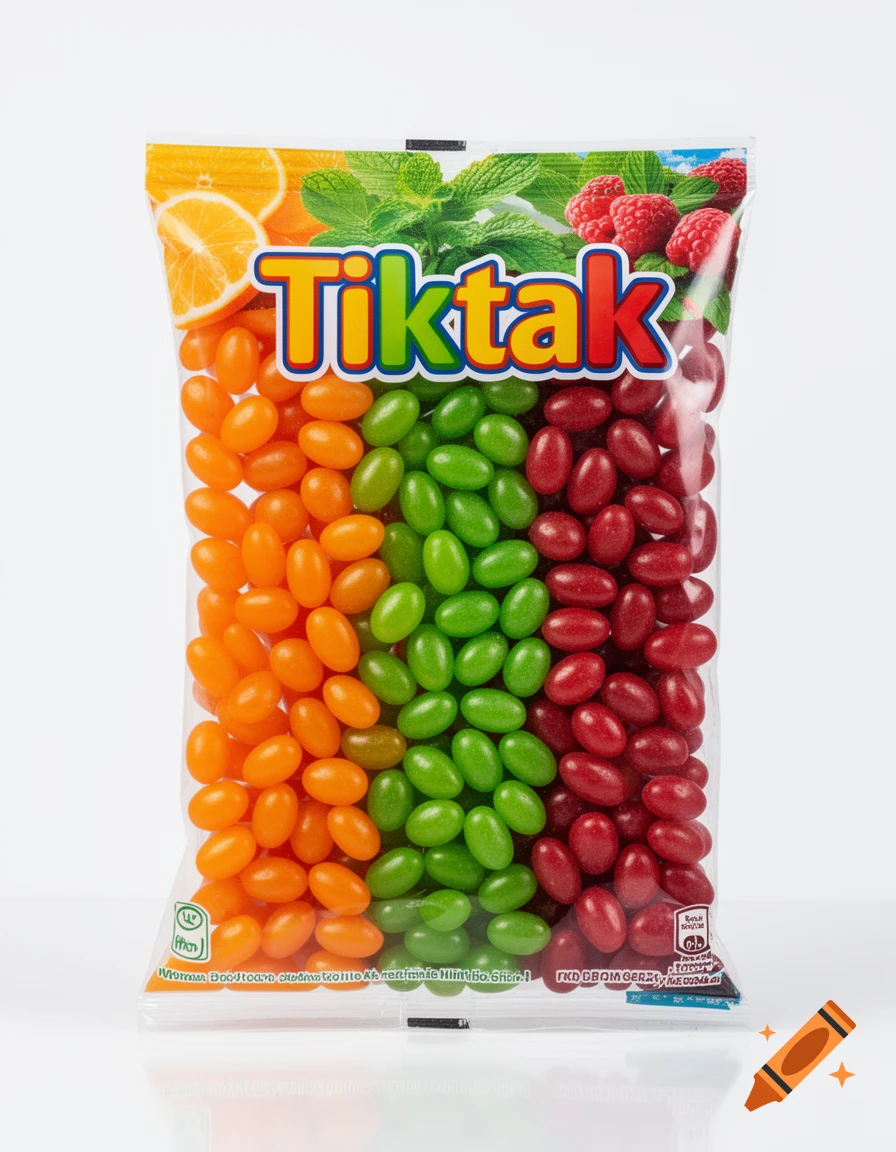 A clear plastic bag of Tiktak jelly beans, with three vertical sections of orange, green, and red candies. The top features images of orange slices, mint, and raspberries.