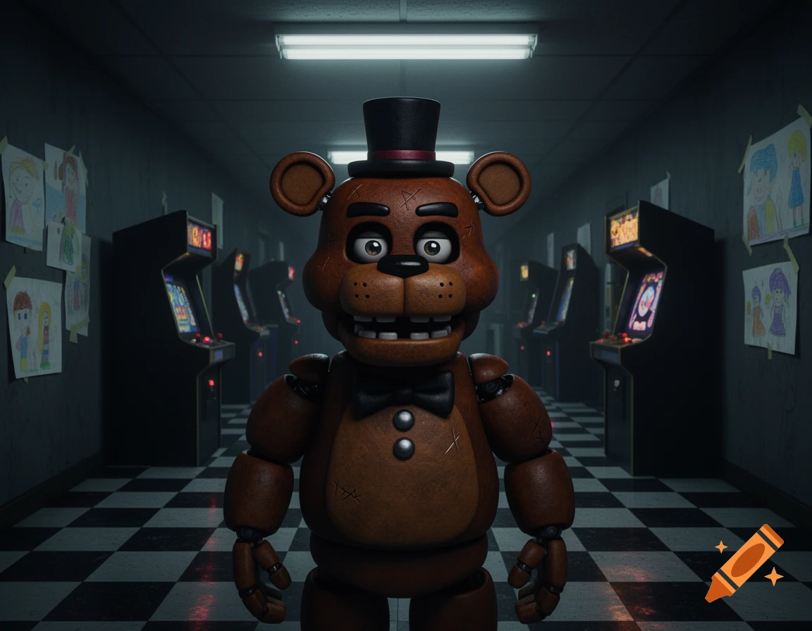 Freddy Fazbear, a brown animatronic bear, stands in a dark arcade hallway with glowing machines and kids' drawings.