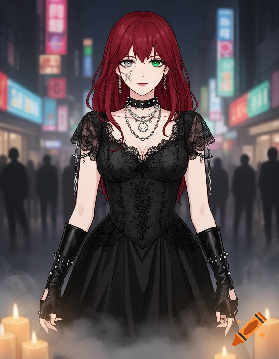 Manhwa style young woman with red hair, heterochromia, and a scar, dressed in gothic black lace, standing in a dim city street with candles.
