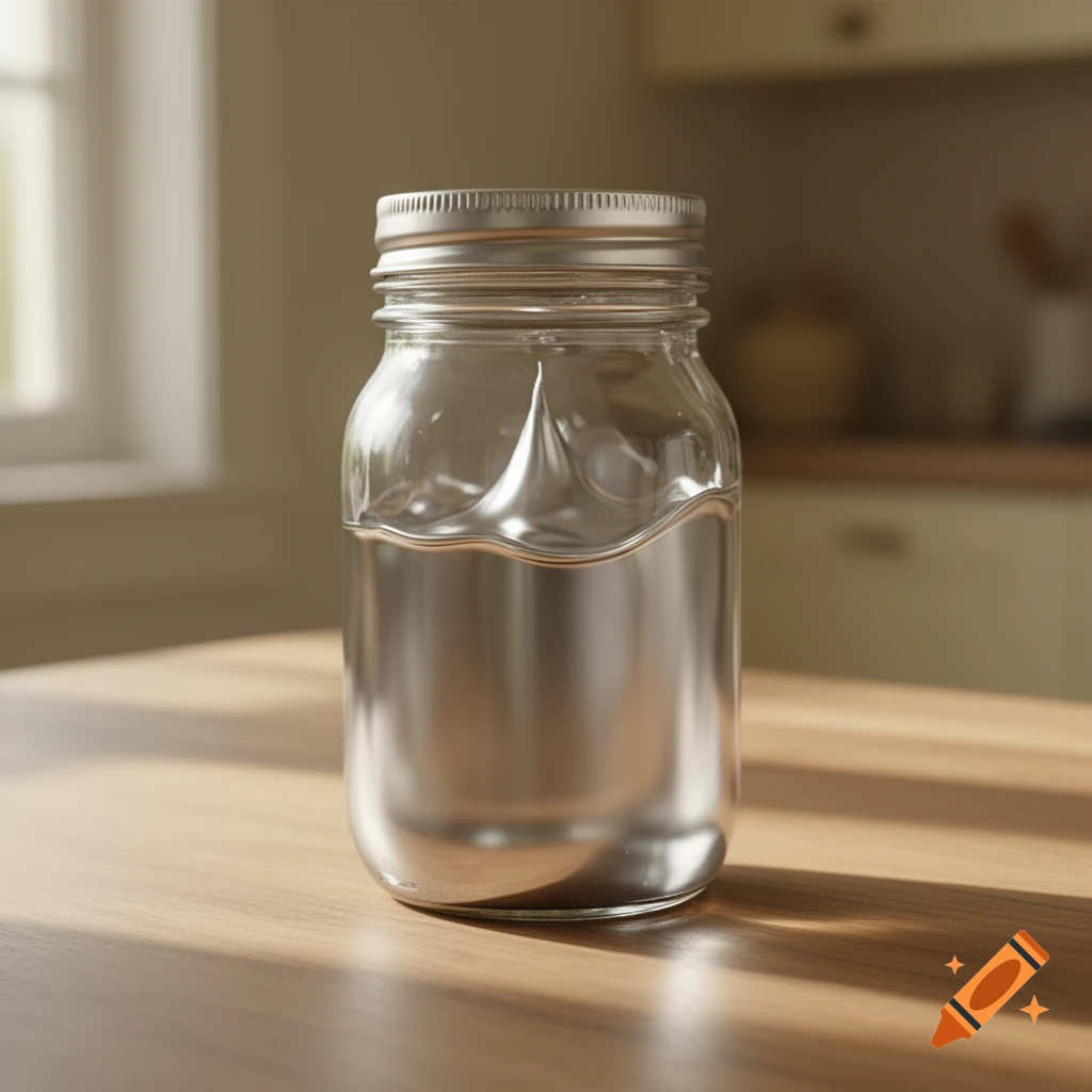 Photorealistic image of a clear glass jar filled with shimmering liquid silver, sitting on a wooden table.
