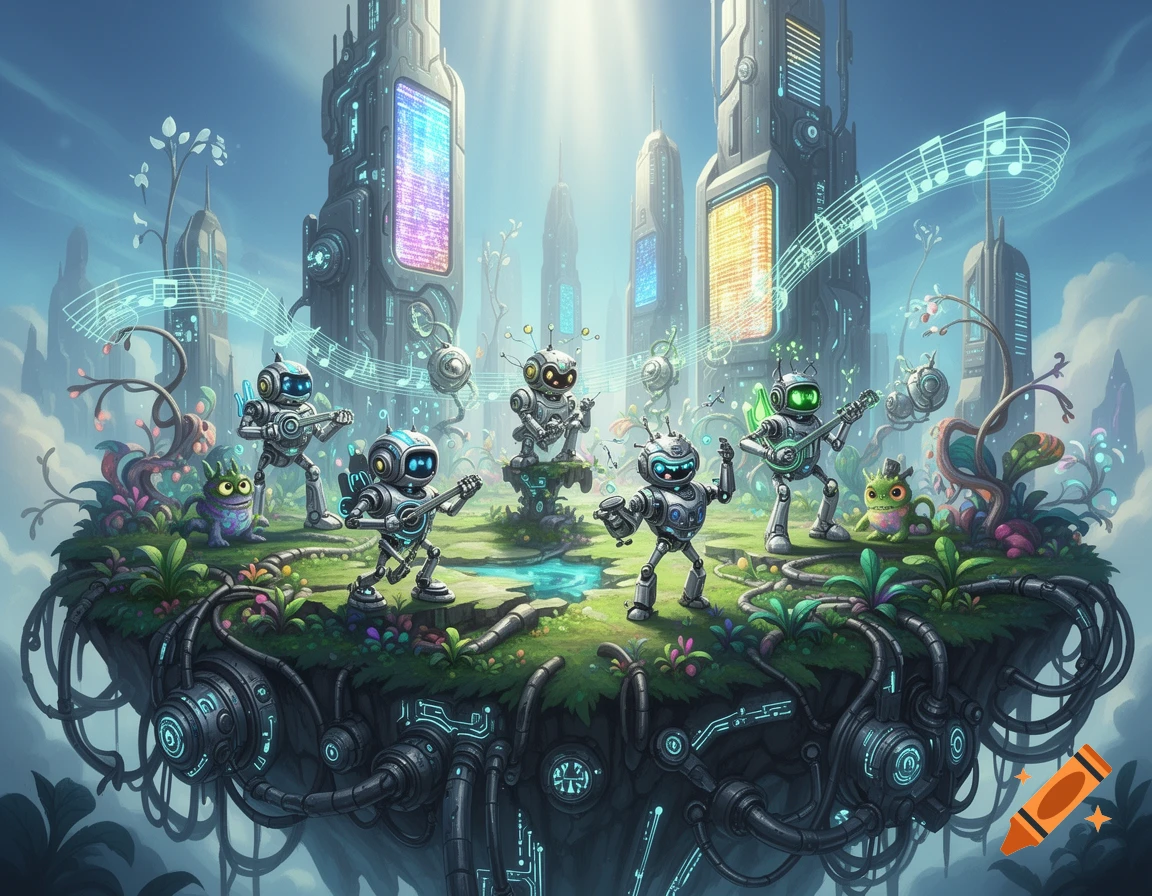 Cute robots play music on a vibrant, futuristic floating island with glowing skyscrapers and intricate machinery.