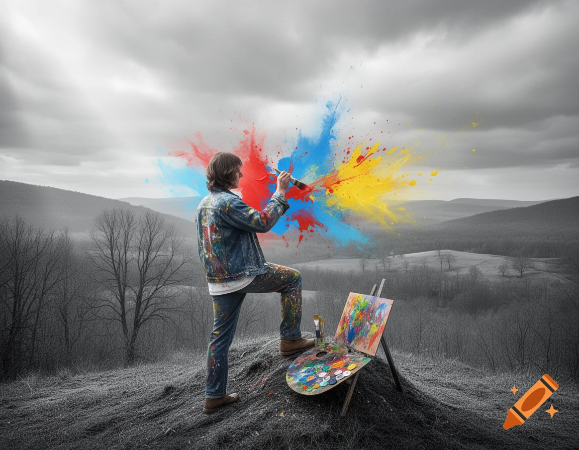 An artist stands on a hill, adding vibrant red, blue, and yellow paint splashes to a monochromatic landscape with trees.
