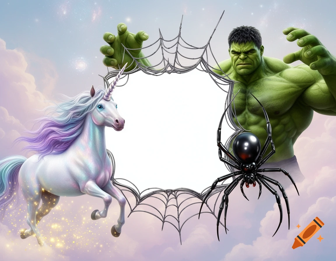 A white unicorn and the green Hulk frame a spiderweb border with a black widow spider against a cloudy sky.