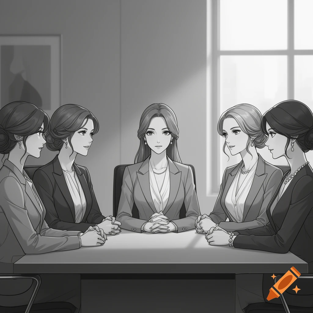 Five anime women in business suits sit around a table in a black and white image.