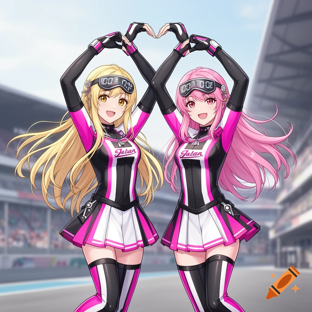 Two anime girls with blonde and pink hair in race queen outfits form a heart shape with their arms at a racetrack.