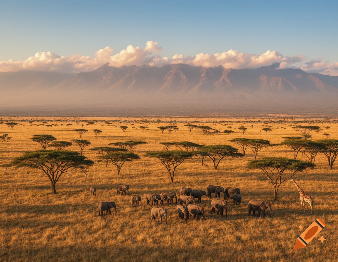 A herd of elephants and a giraffe graze in a golden savanna with acacia trees, under a bright sky with mountains in the misty distance.