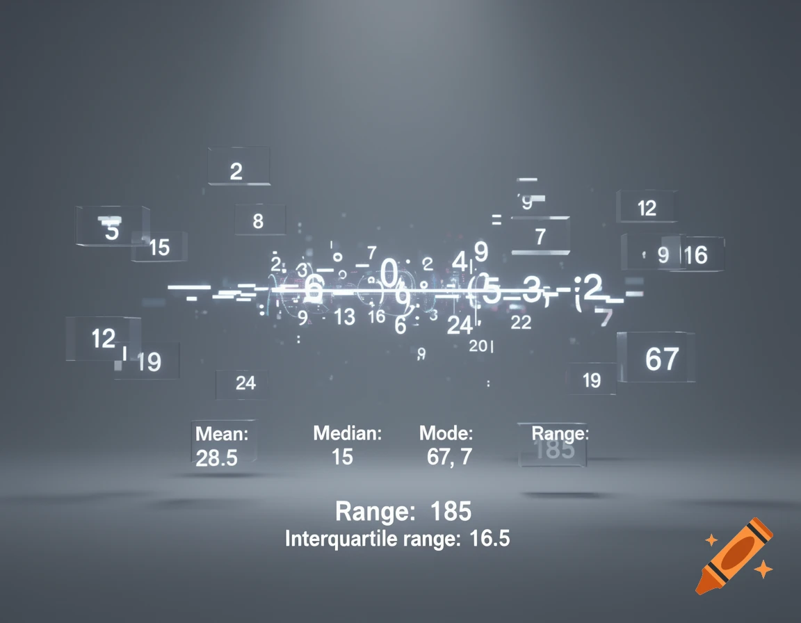 An abstract digital visualization with floating translucent blocks displaying numbers and statistical terms like Mean, Median, Mode, Range, and Interquartile range, against a gray background.