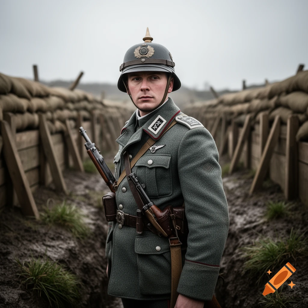 A photorealistic image of a WWI German soldier in uniform and helmet, standing in a muddy trench under a gray sky.