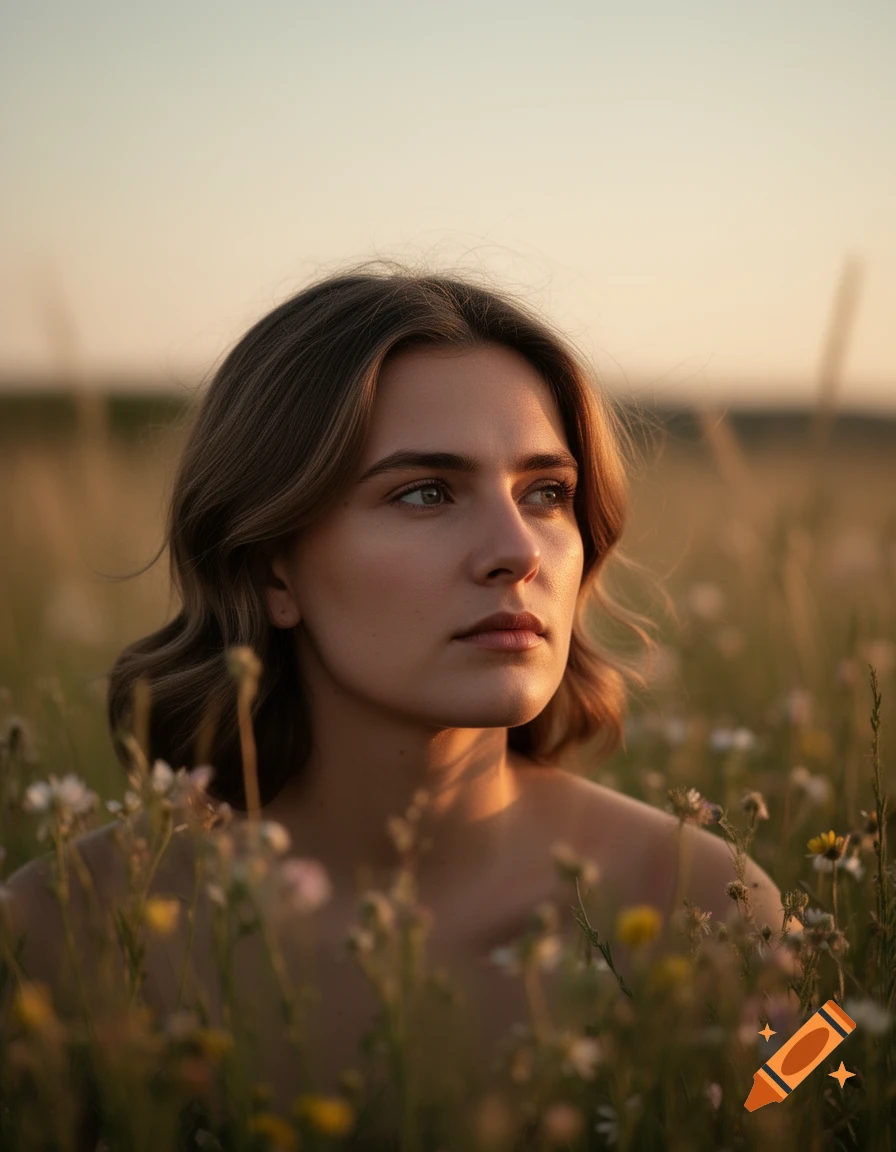 A woman with wavy hair gazes into the distance, illuminated by golden hour sunlight in a field of wildflowers.