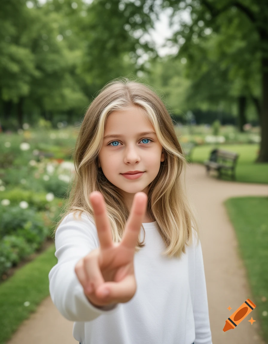 Photorealistic portrait of a young girl with blue eyes and blonde/brown hair making a peace sign in a park.
