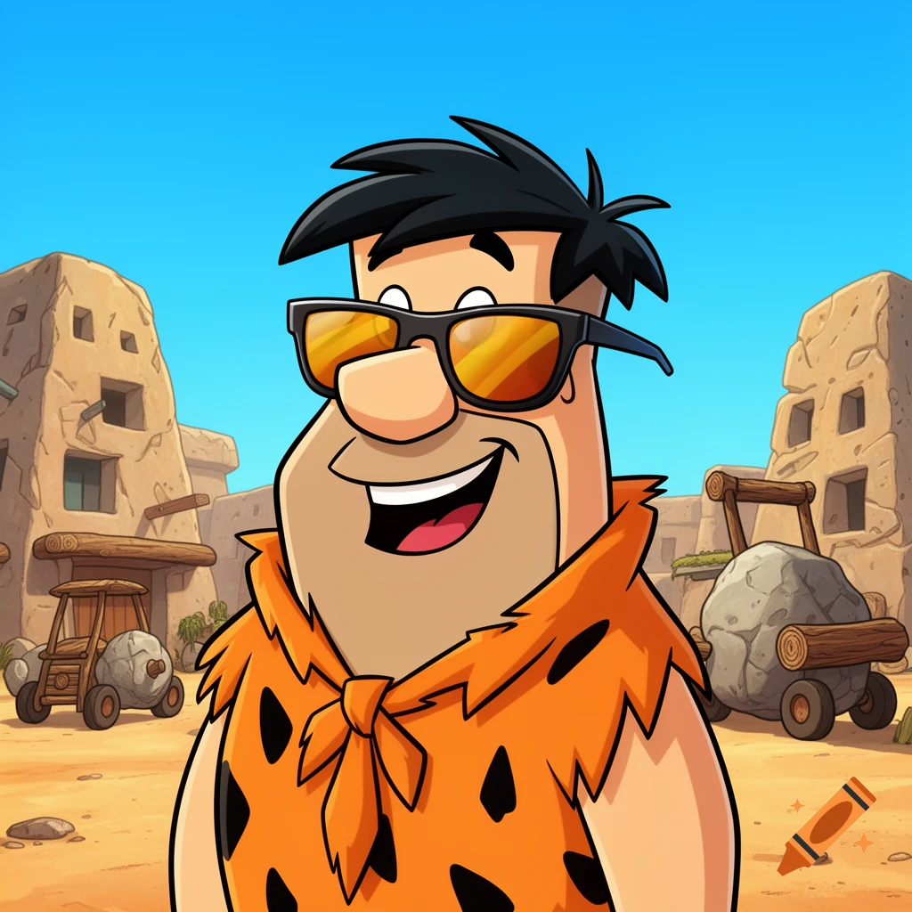 Cartoon Fred Flintstone wearing sunglasses, smiling in a prehistoric village.