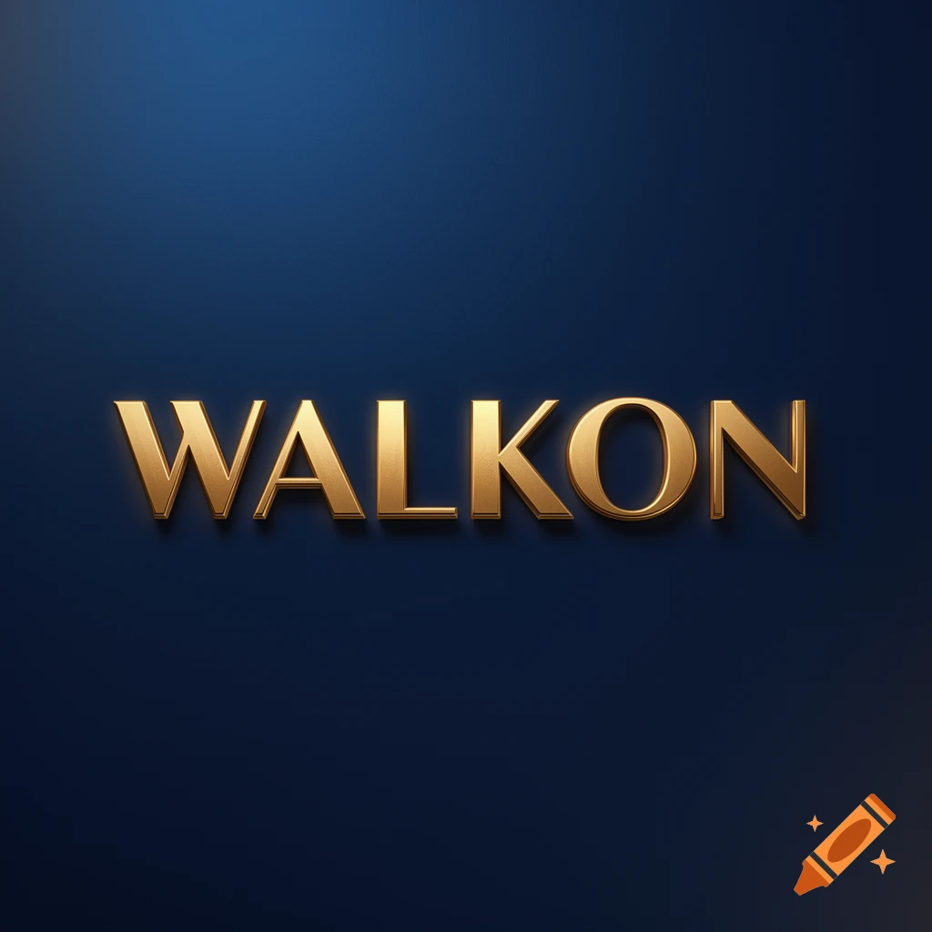 Gold 3D text 'WALKON' on a dark blue background with subtle lighting.