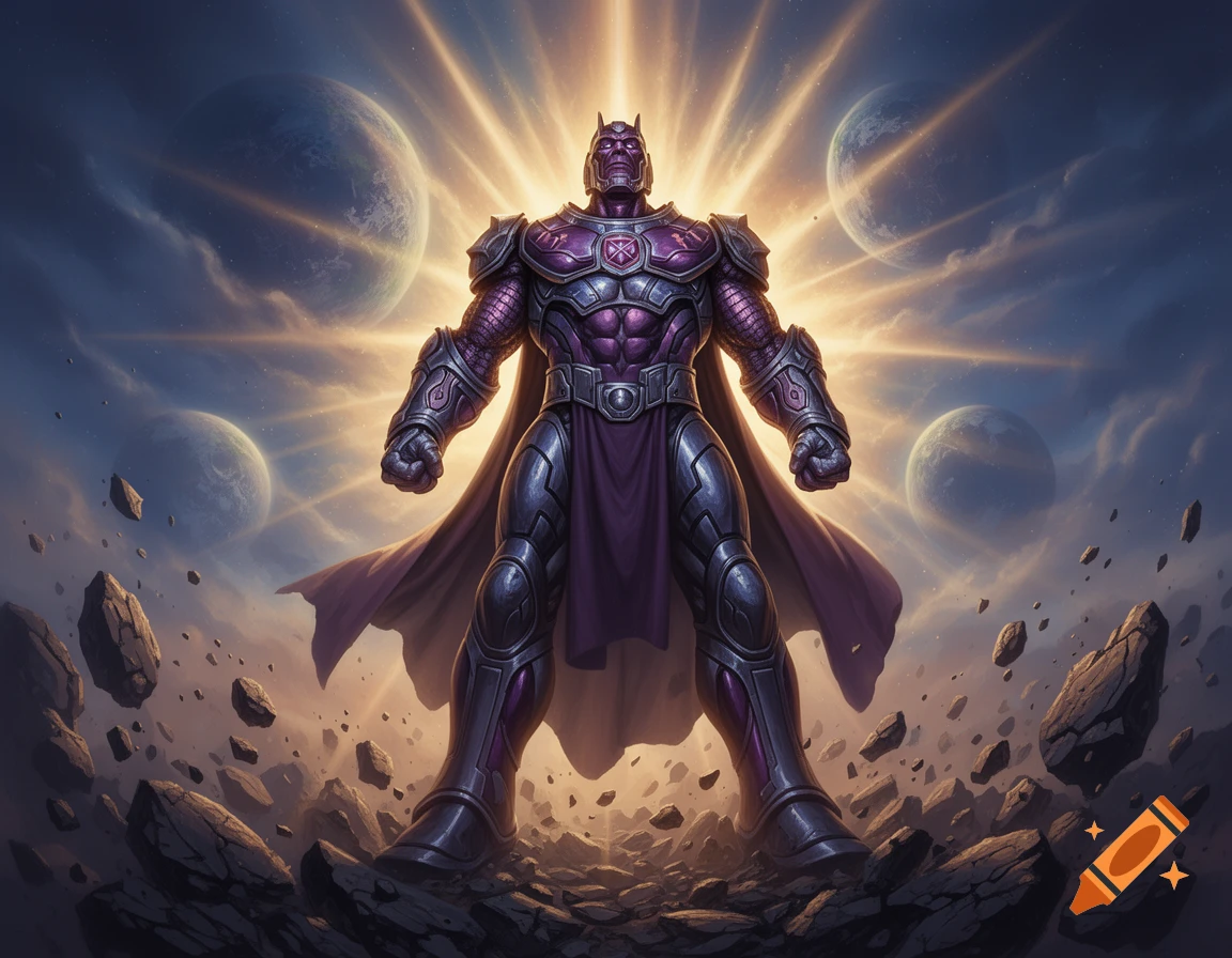 A powerful, armored figure with a purple and silver suit and cape stands amidst shattered planet debris, with planets and radiant light rays in the cosmic sky.