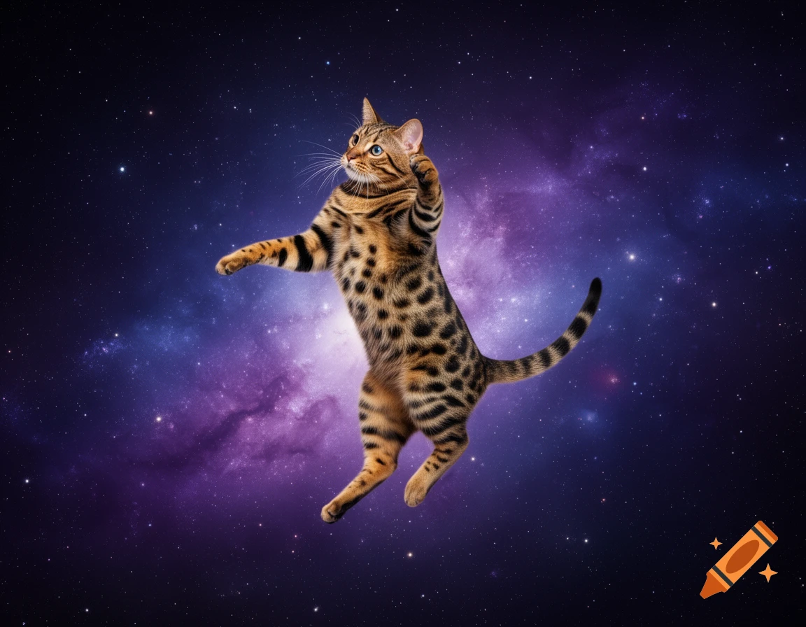 A photorealistic Bengal cat with black spots and brown stripes jumps against a starry purple and blue galaxy background.